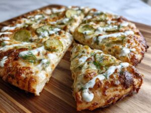 Close-up of a homemade pickle pizza with a slice pulled out, showing cheese, pickle slices, and a white sauce drizzle.