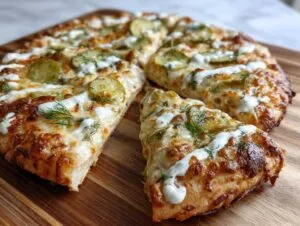 Close-up of a homemade pickle pizza with a slice pulled out, showing cheese, pickle slices, and a white sauce drizzle.