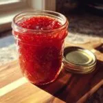 A clear glass jar filled with vibrant red strawberry jam, sitting on a wooden cutting board next to its golden lid.