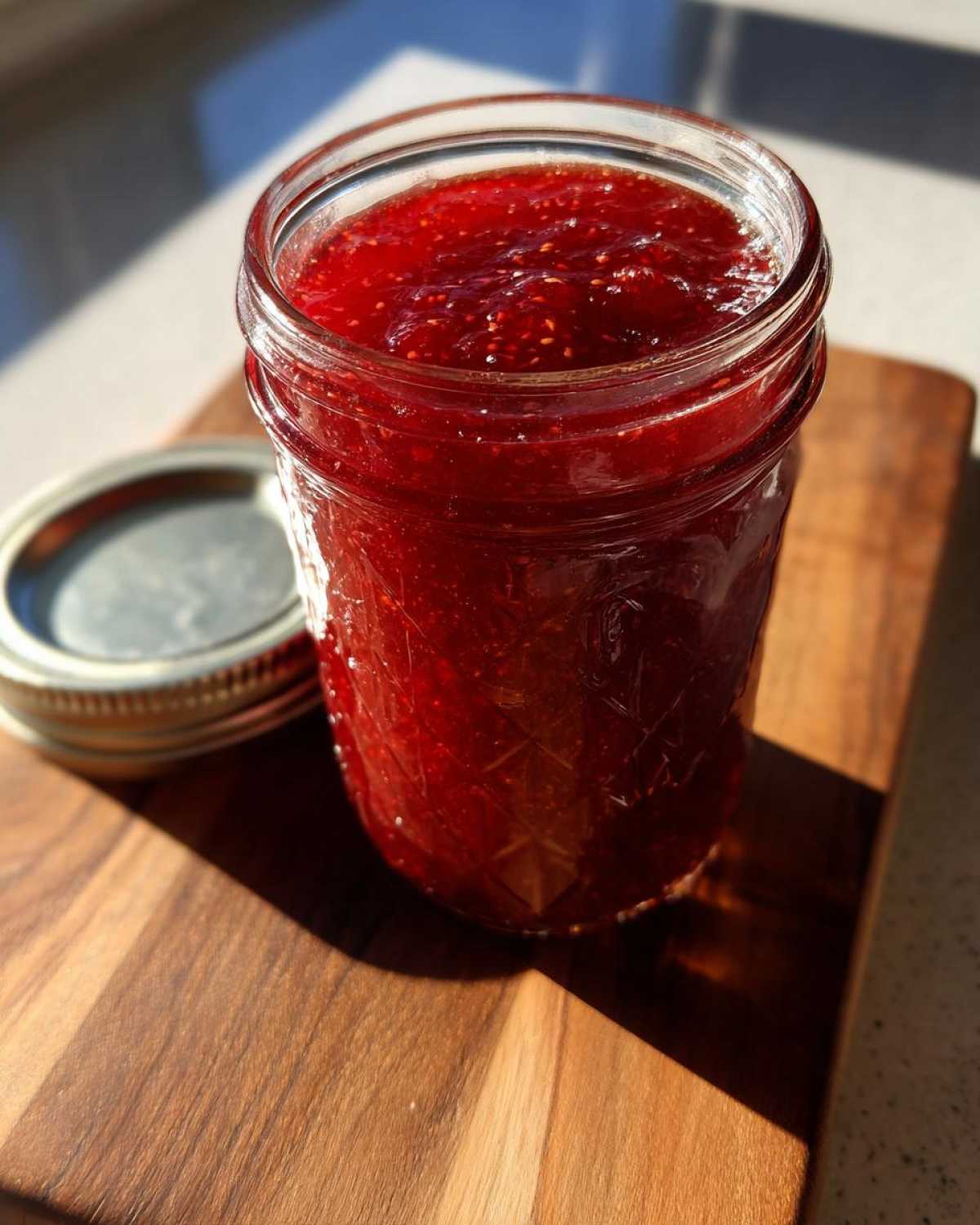 A clear glass jar filled with vibrant red strawberry jam, showing visible strawberry seeds, sitting on a wooden cutting board.