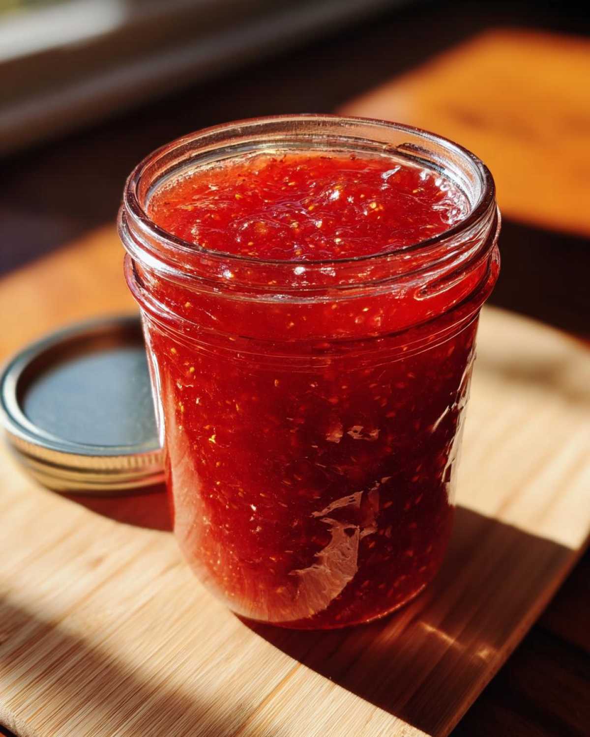 A clear glass jar filled with vibrant red strawberry jam, sitting on a wooden cutting board with the lid beside it.