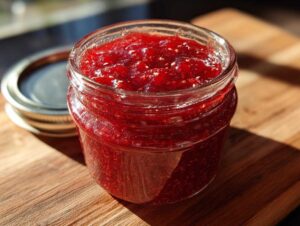 A clear glass jar filled with vibrant red strawberry jam, showing fruit pieces and seeds, on a wooden surface.