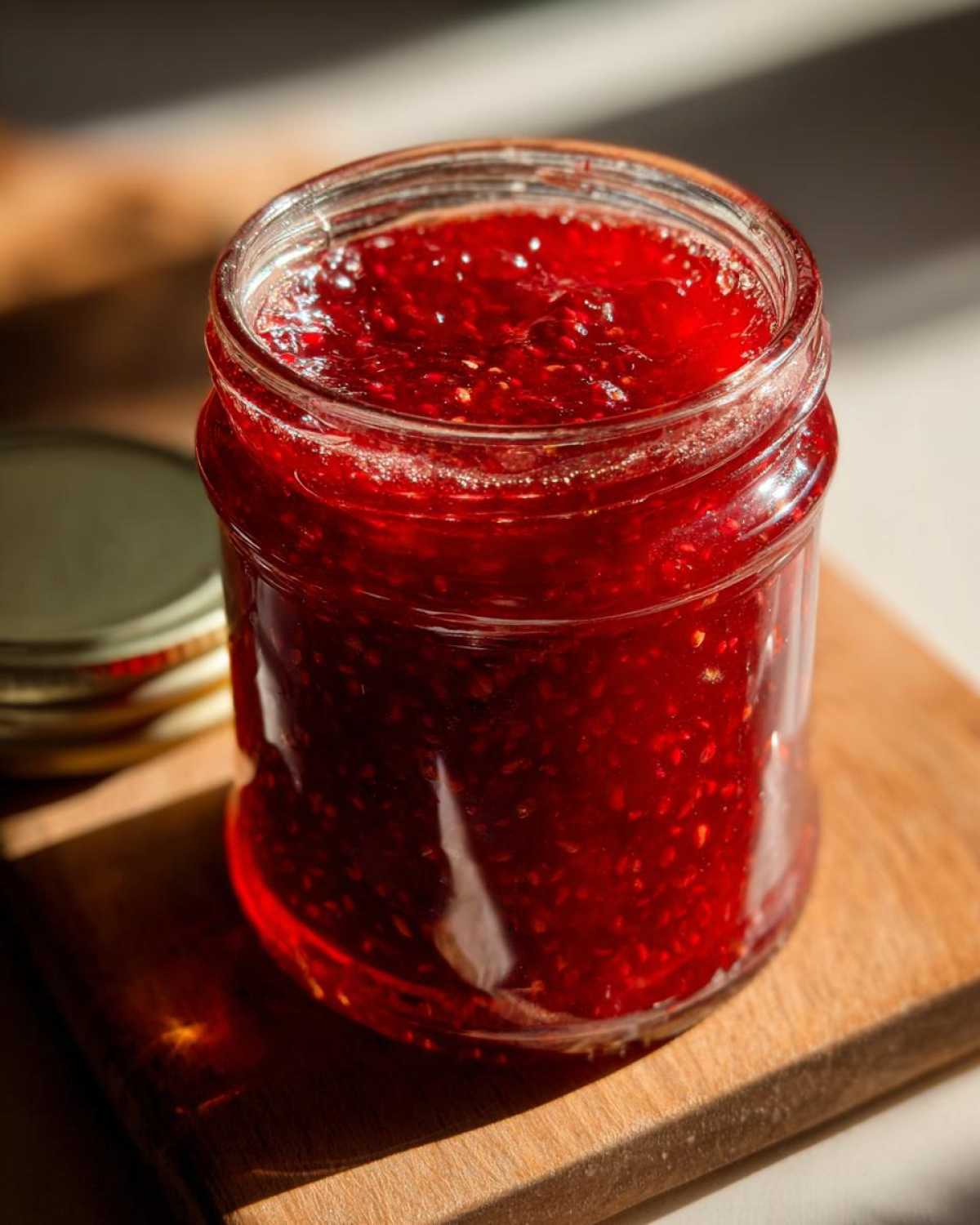 A clear glass jar filled with vibrant red strawberry jam, sitting on a wooden cutting board.