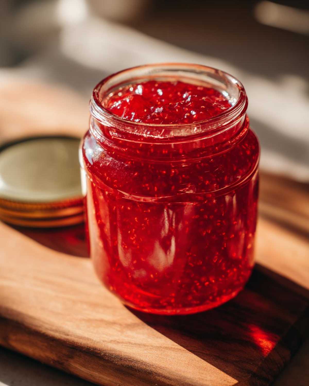 A clear glass jar filled with vibrant red strawberry jam, with the lid placed beside it on a wooden board.
