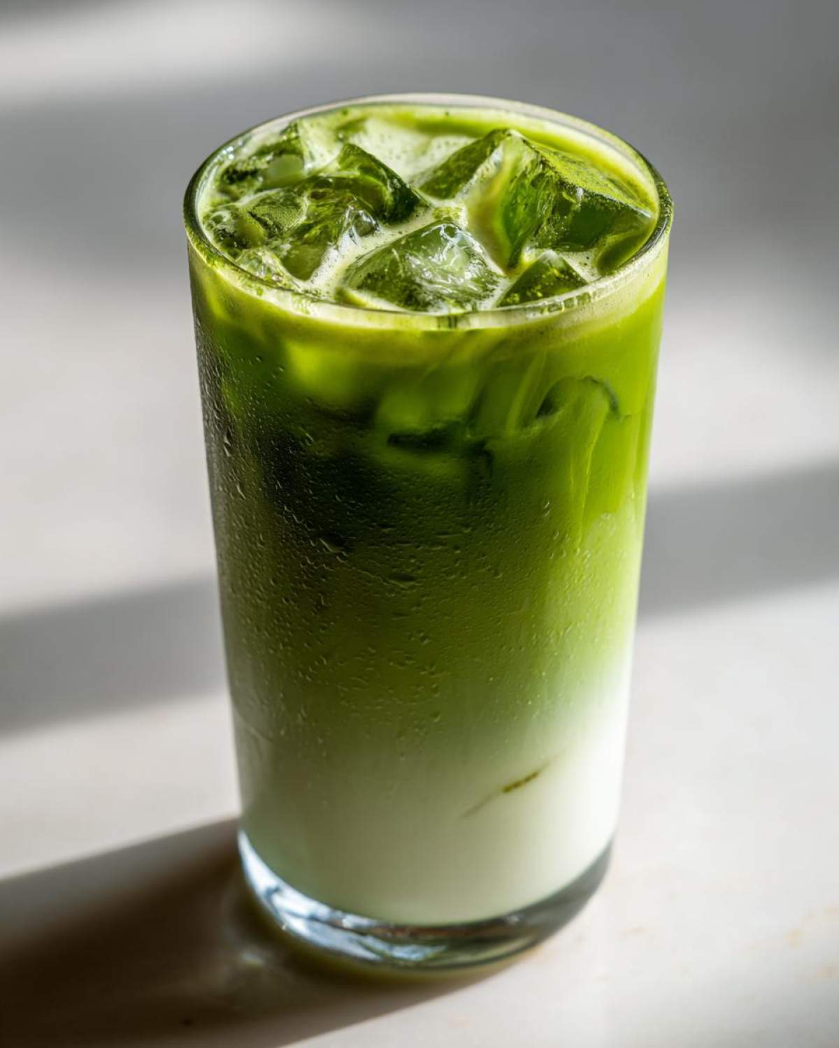 Tall glass filled with a vibrant green iced matcha latte, showing the layered effect of matcha and milk.