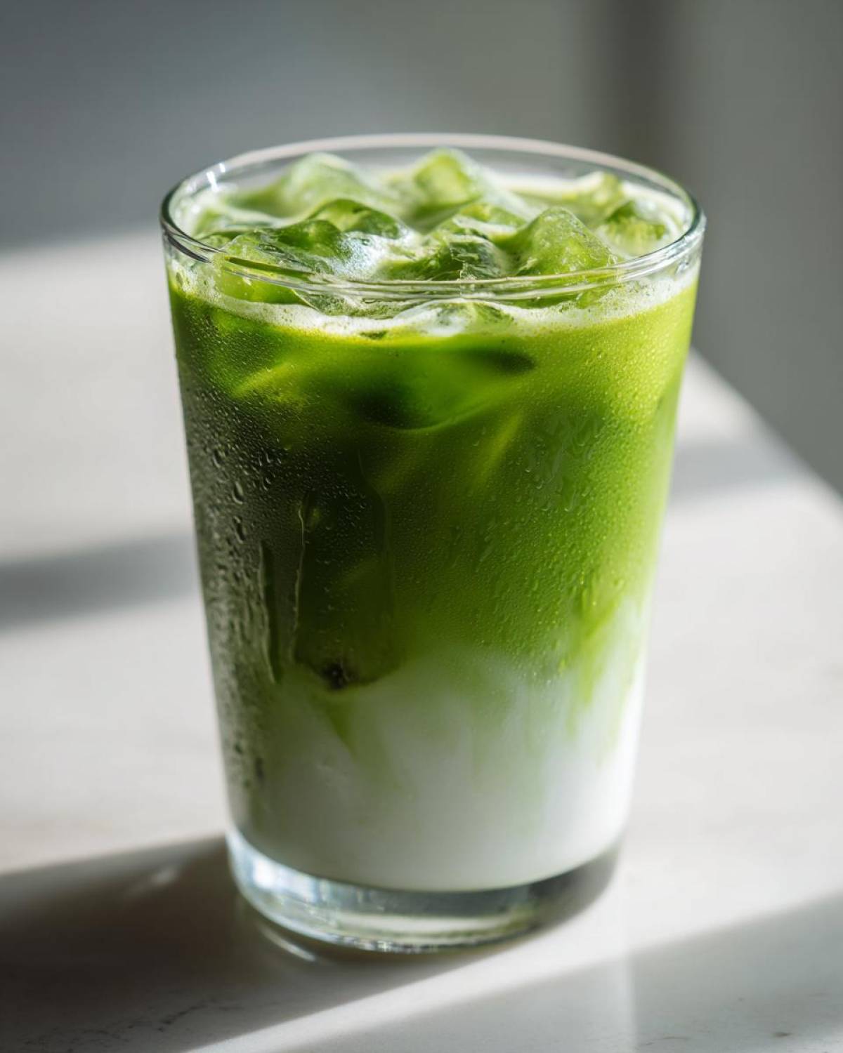 A tall glass filled with a vibrant green iced matcha latte, showing the layers of matcha and milk.