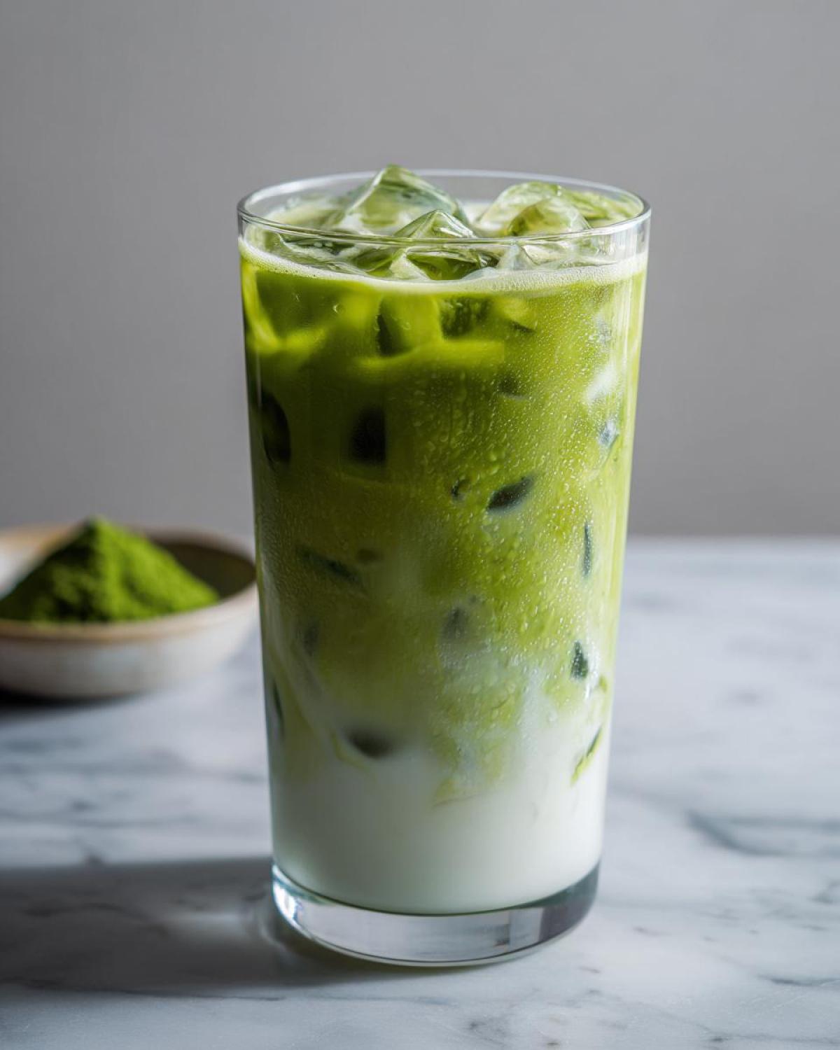 Tall glass of iced matcha latte with ice cubes and milk, showing the green matcha layer on top of the white milk.