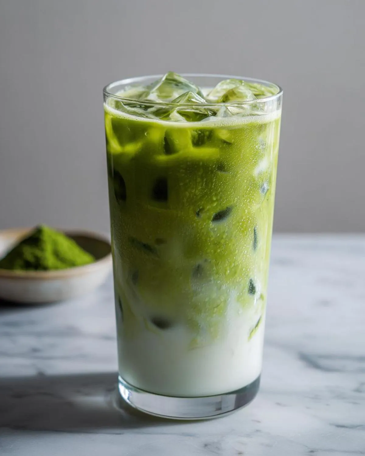 Tall glass of iced matcha latte with ice cubes and milk, showing the green matcha layer on top of the white milk.