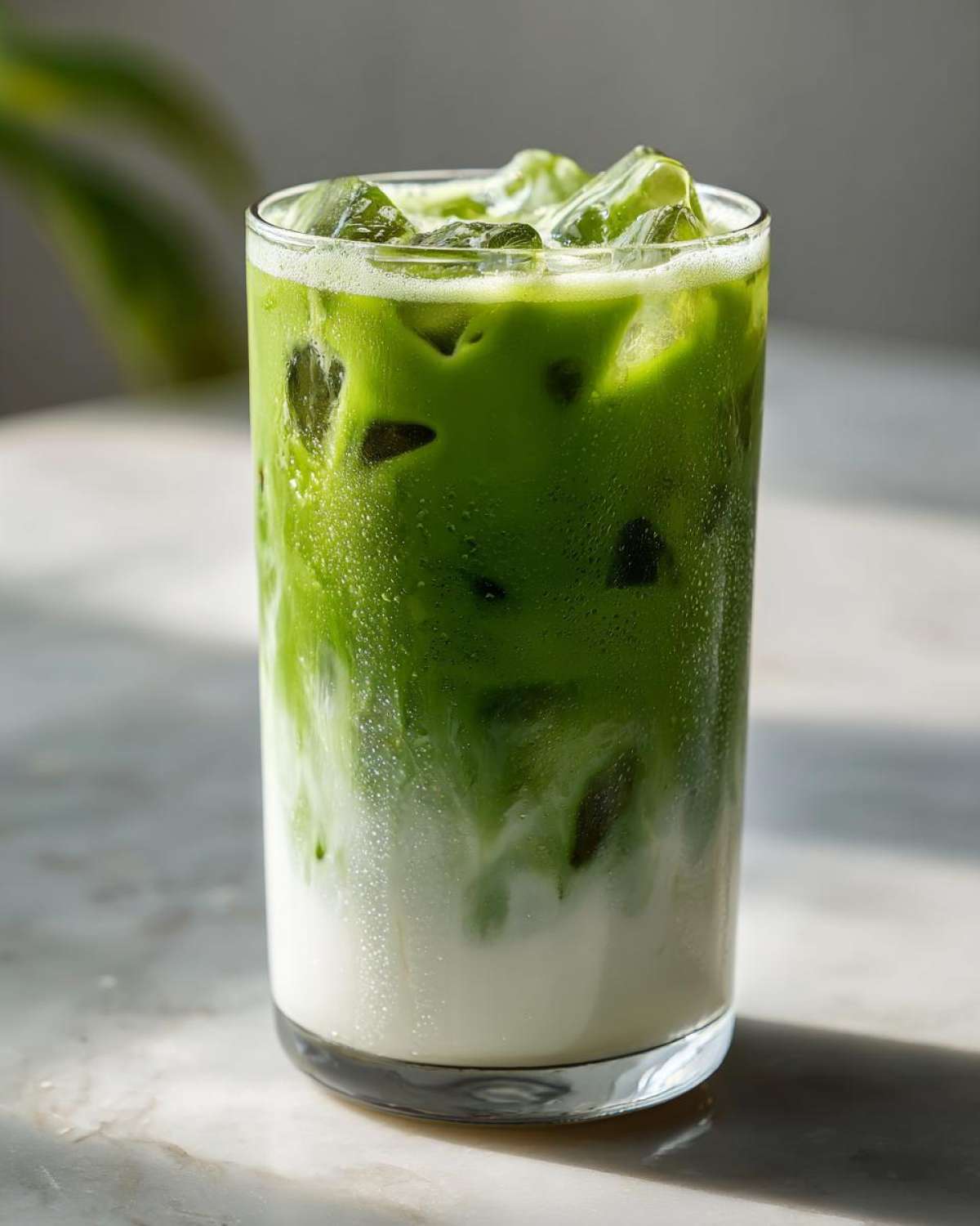 Close-up of a tall glass filled with iced matcha latte, showing the vibrant green matcha layered over white milk.