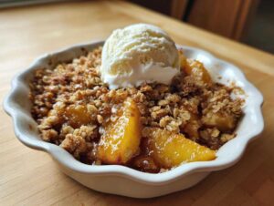 A close-up of a single serving of warm peach crisp topped with a scoop of melting vanilla ice cream in a white fluted dish.