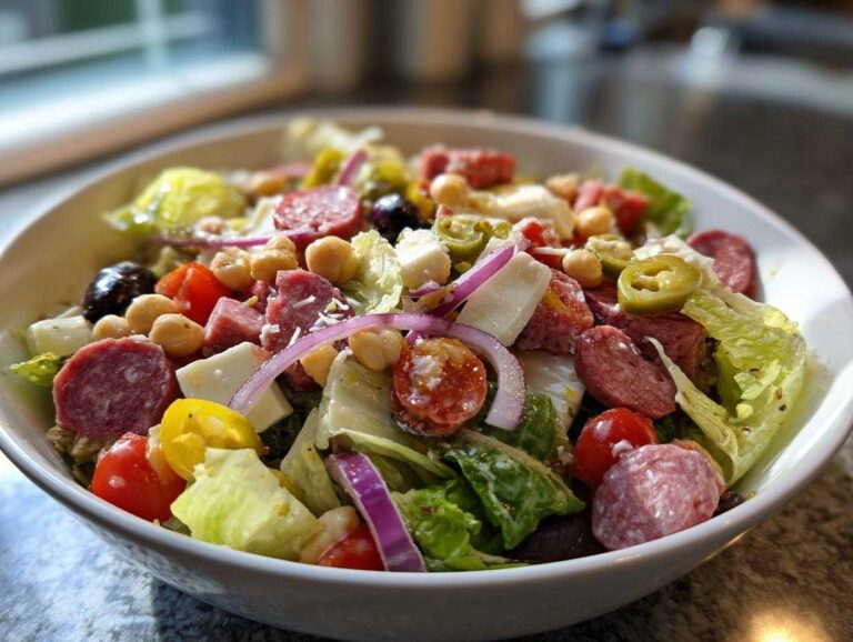 Close-up view of a bowl filled with Italian chopped salad, showing lettuce, salami, chickpeas, tomatoes, onions, and cheese.