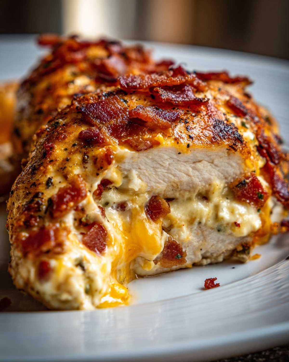 Close-up of a sliced jalapeno popper chicken breast, revealing creamy cheese and bacon filling.