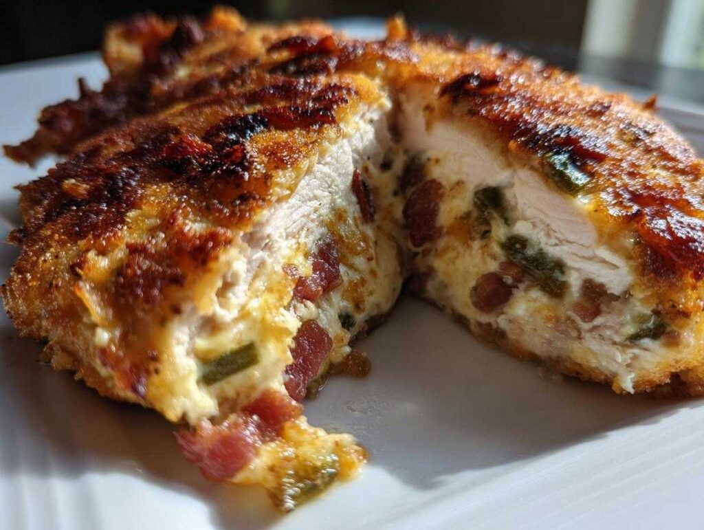 Close-up of a sliced jalapeno popper chicken breast, revealing creamy cheese, bacon bits, and green jalapeno pieces inside.