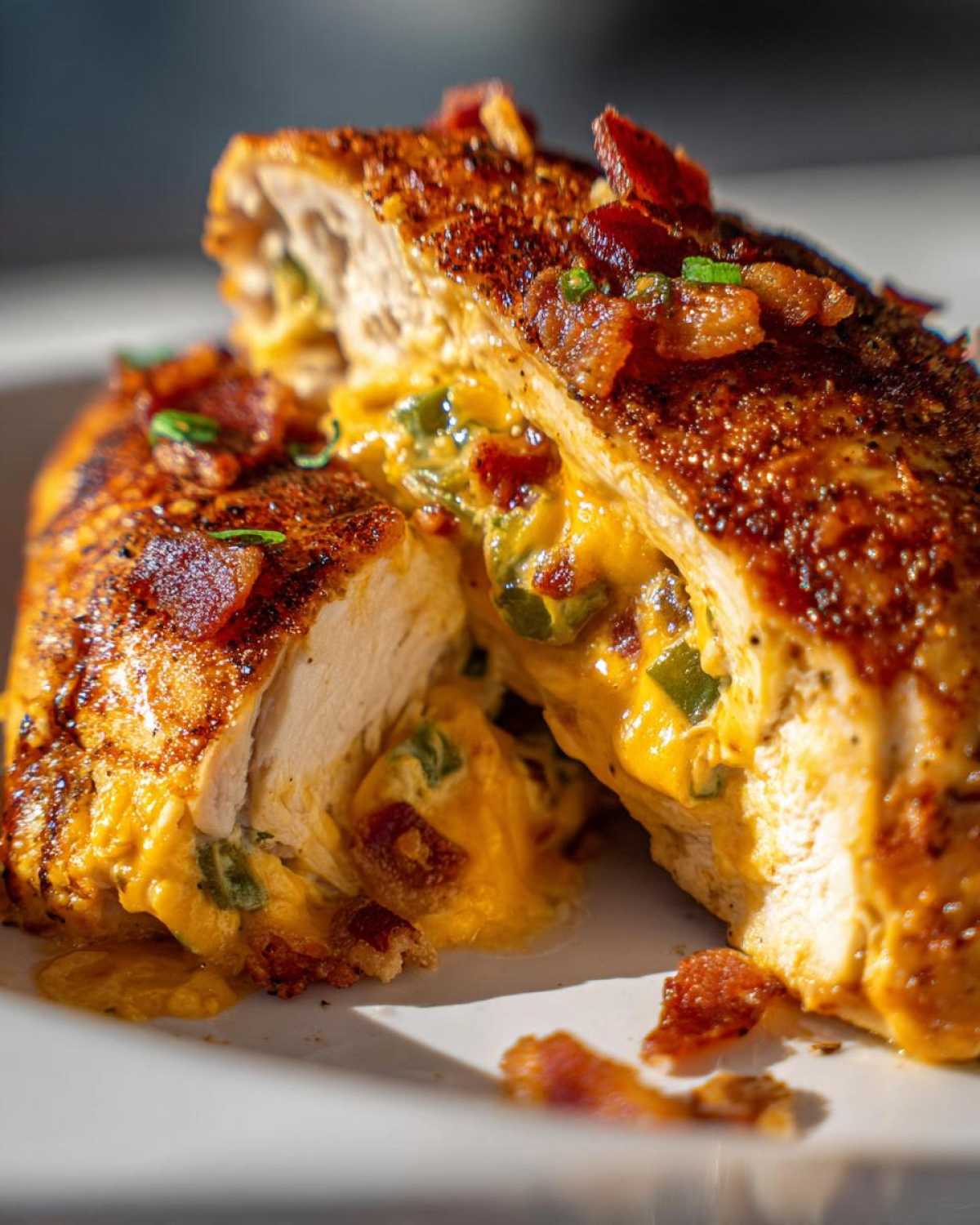 A close-up shot of a cooked chicken breast cut in half, revealing a creamy, cheesy jalapeno popper chicken filling with visible green peppers and bacon bits.