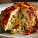 Close-up of a sliced jalapeno popper chicken breast, revealing creamy cheese, green peppers, and bacon filling.