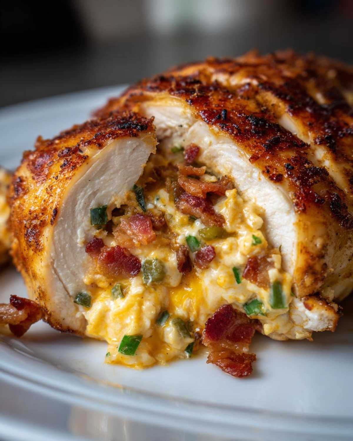 Close-up of a cooked jalapeno popper chicken breast, sliced open to reveal a creamy, cheesy filling with bacon and green onions.