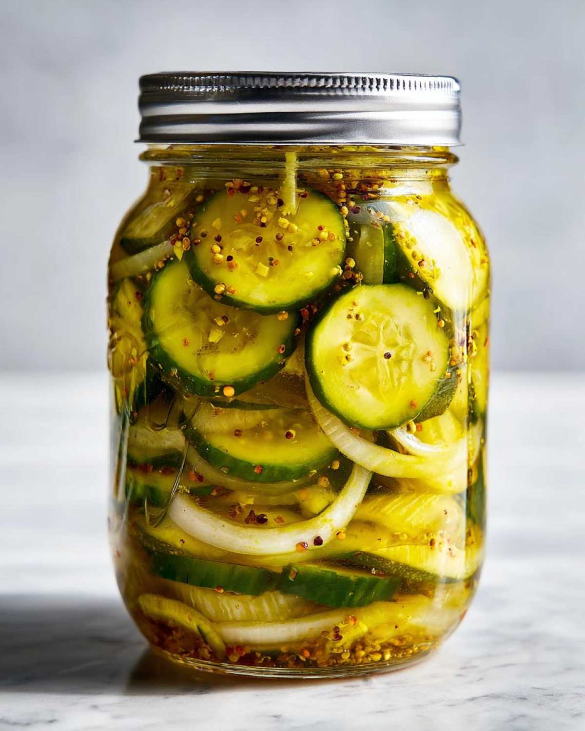 A clear glass mason jar filled with sliced bread and butter pickles, onions, and pickling spices in a golden brine.