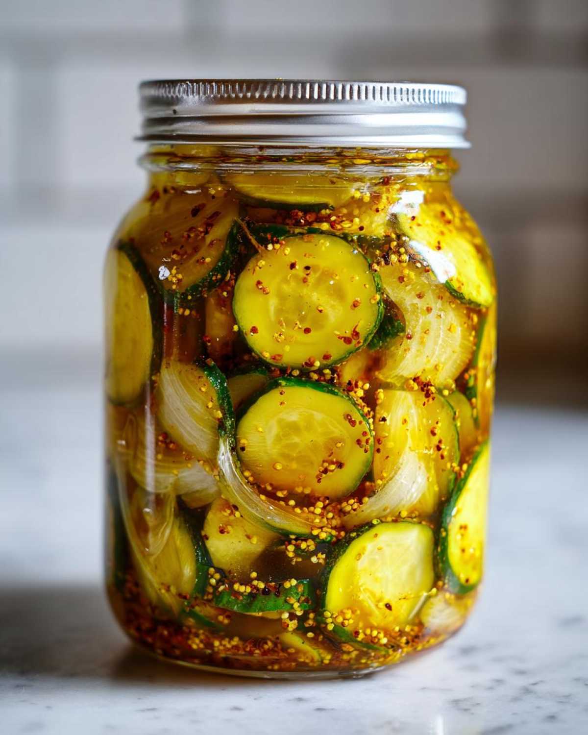 Close-up of a glass jar filled with sliced bread and butter pickles, onions, and pickling spices.
