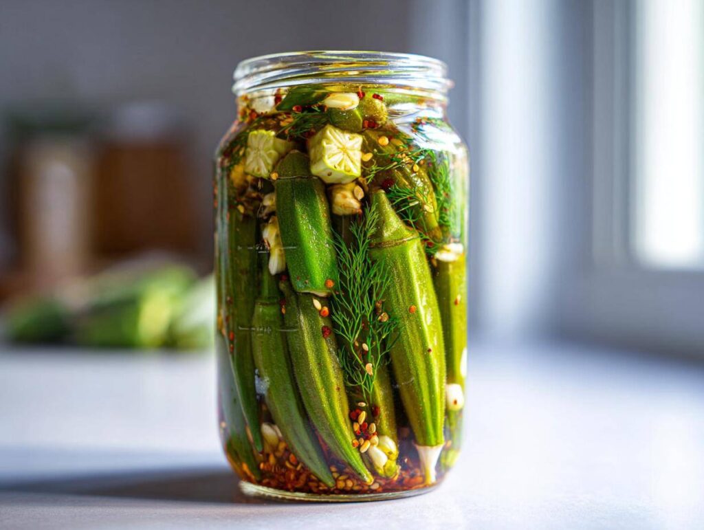A clear glass jar filled with vibrant green pickled okra, dill sprigs, and pickling spices on a light surface.