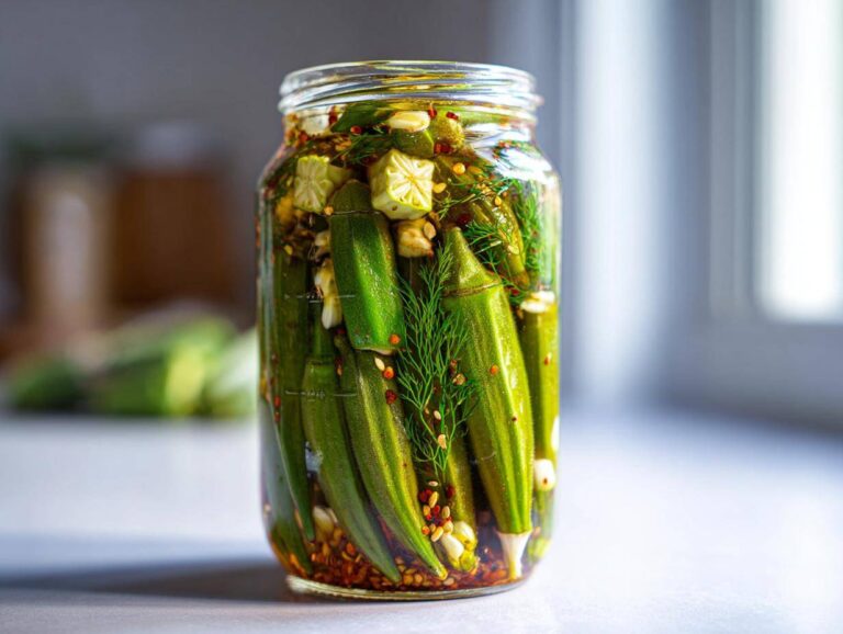 A clear glass jar filled with vibrant green pickled okra, dill sprigs, and pickling spices on a light surface.