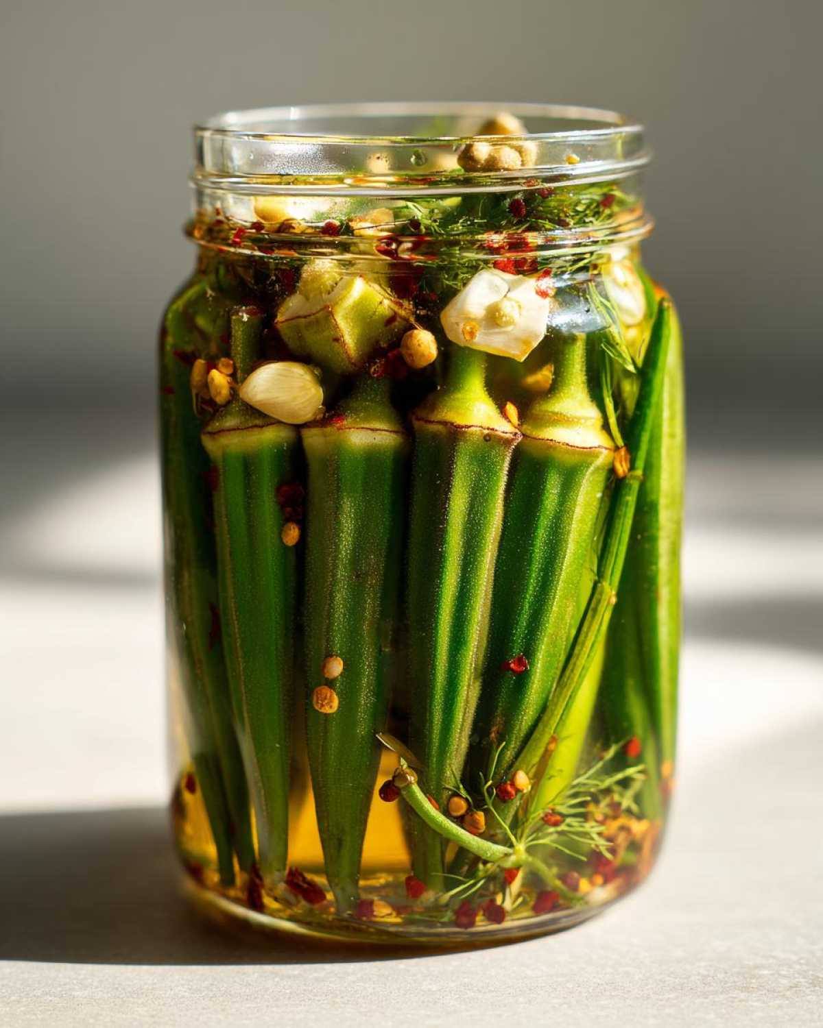 Close-up of a glass jar filled with vibrant green pickled okra, garlic cloves, dill, and red spices in brine.
