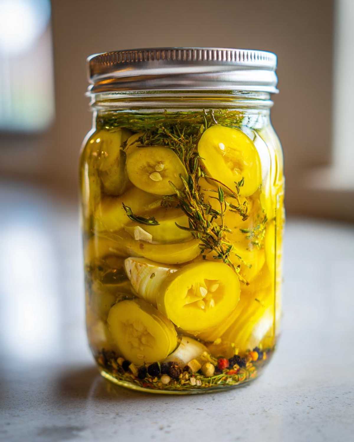 Close-up of a glass jar filled with sliced pickled banana peppers, garlic, herbs, and spices.