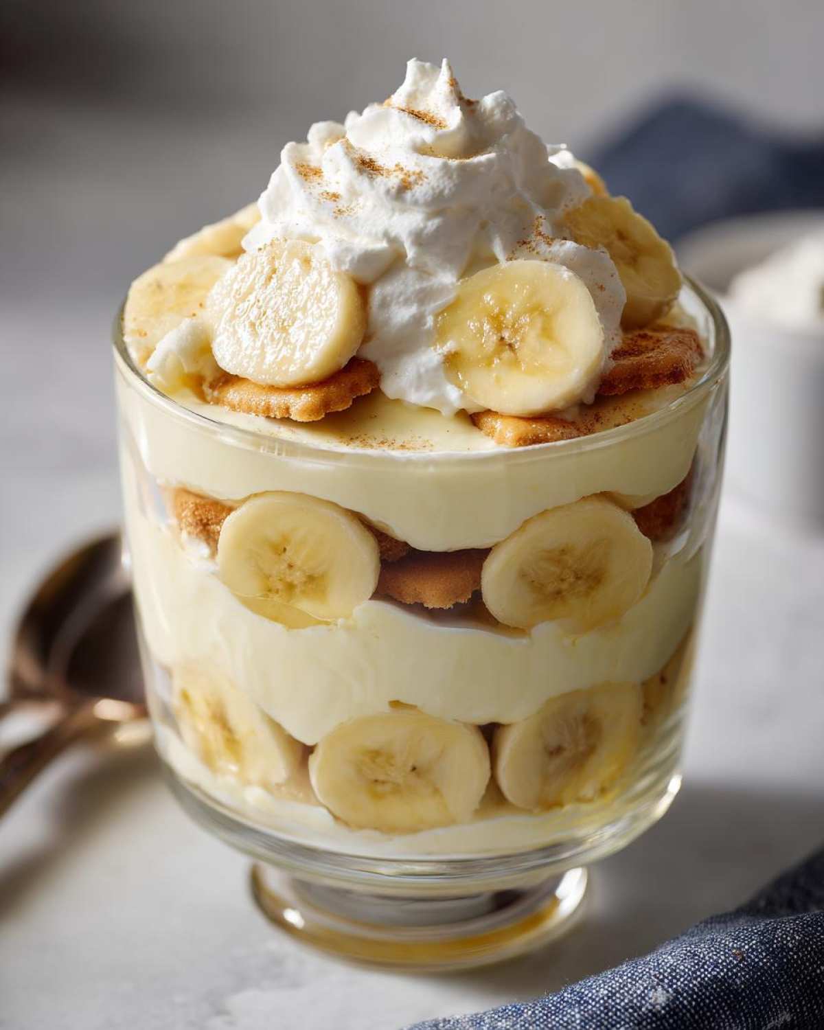A close-up of a clear glass filled with layers of creamy banana pudding, sliced bananas, and vanilla wafers, topped with whipped cream and a sprinkle of cinnamon.