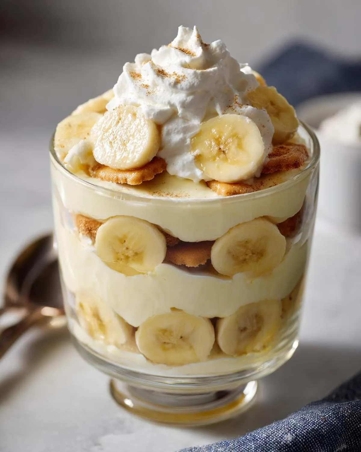 A close-up of a clear glass filled with layers of creamy banana pudding, sliced bananas, and vanilla wafers, topped with whipped cream and a sprinkle of cinnamon.