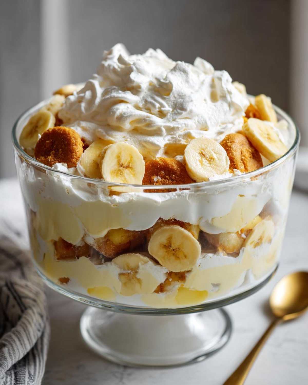 A large glass trifle dish filled with layers of banana pudding, sliced bananas, vanilla wafers, and a generous topping of whipped cream.