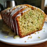 A close-up of a freshly baked lemon zucchini bread loaf with white icing drizzled on top, showing the green zucchini flecks.
