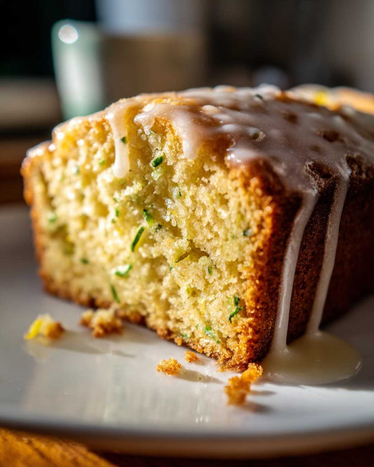Close-up of a slice of lemon zucchini bread with a white lemon glaze dripping down the side.