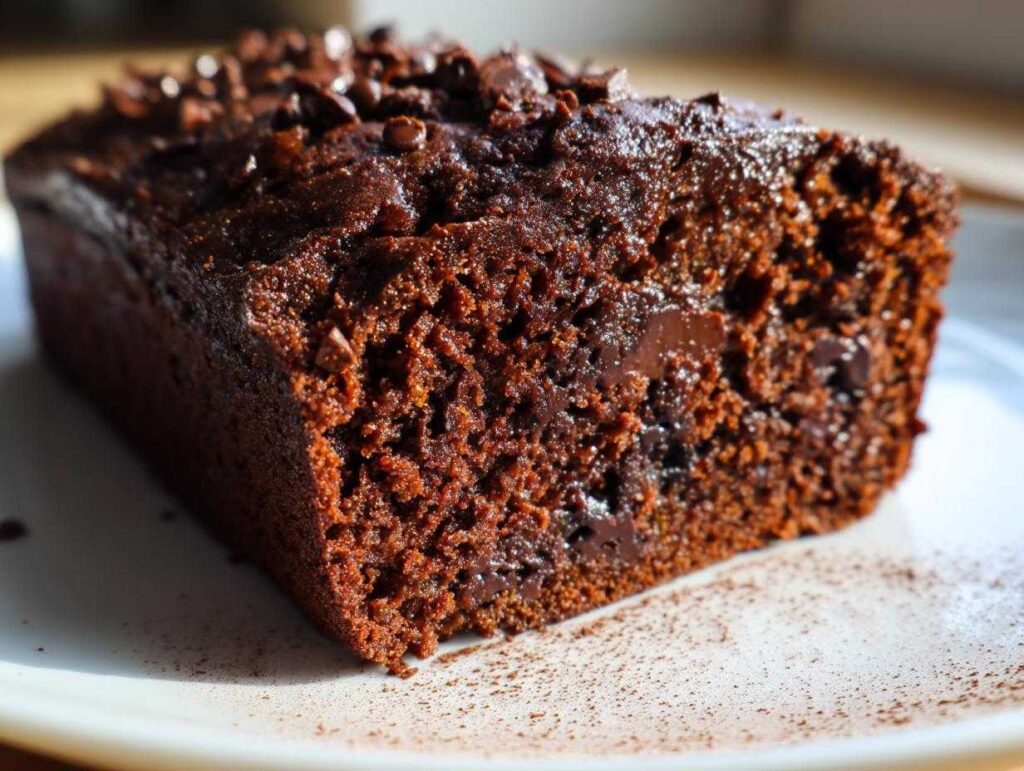 Close-up of a rich, dark chocolate zucchini cake loaf with chocolate chips on top and melted chocolate inside.