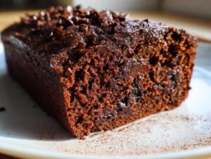 Close-up of a rich, dark chocolate zucchini cake loaf with chocolate chips on top and melted chocolate inside.