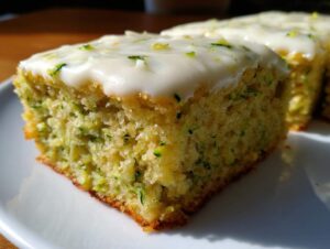 Close-up of a single slice of moist zucchini bars with white cream cheese frosting and flecks of green zucchini.