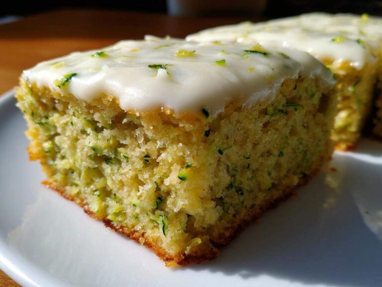 Close-up of a single slice of moist zucchini bars with white cream cheese frosting and flecks of green zucchini.