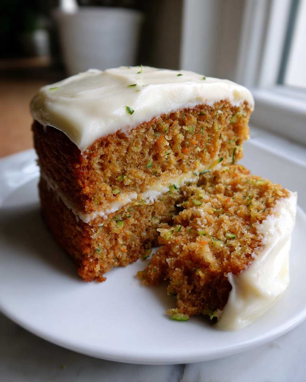 A close-up of a slice of moist zucchini cake with white cream cheese frosting on a white plate.