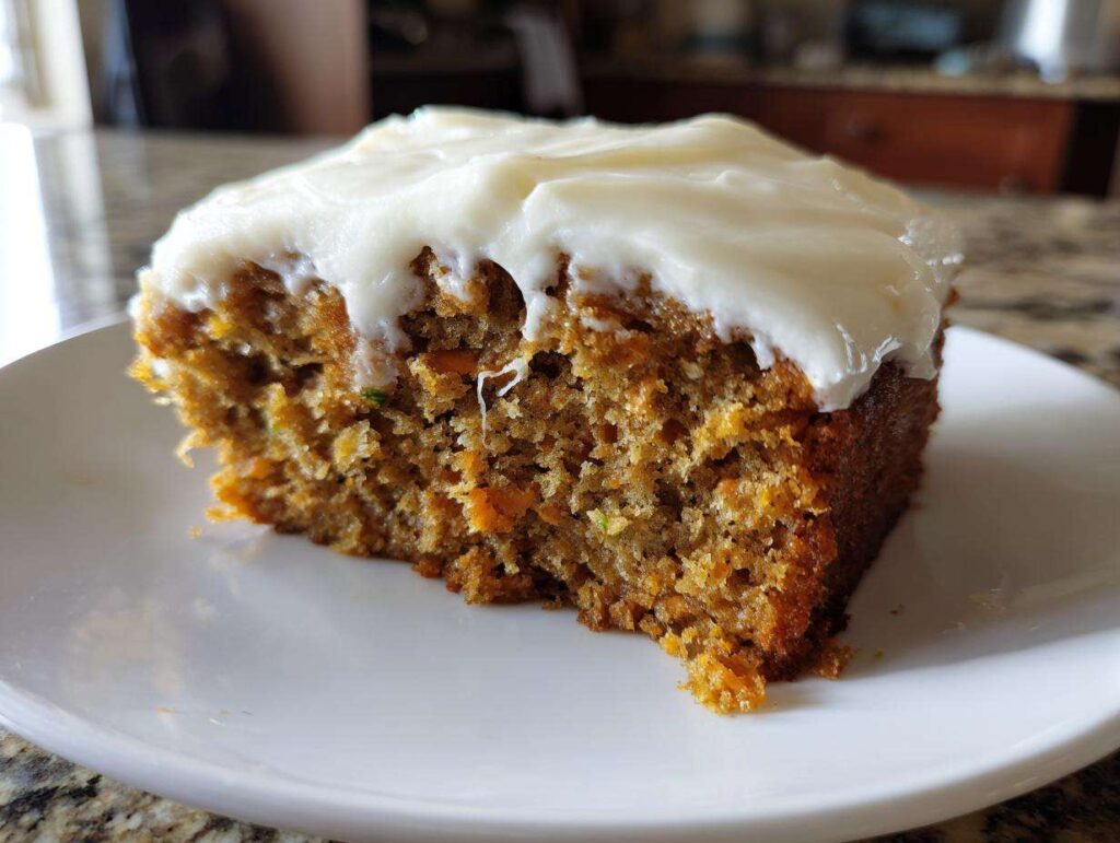 A close-up of a single slice of moist zucchini cake topped with thick white cream cheese frosting, on a white plate.