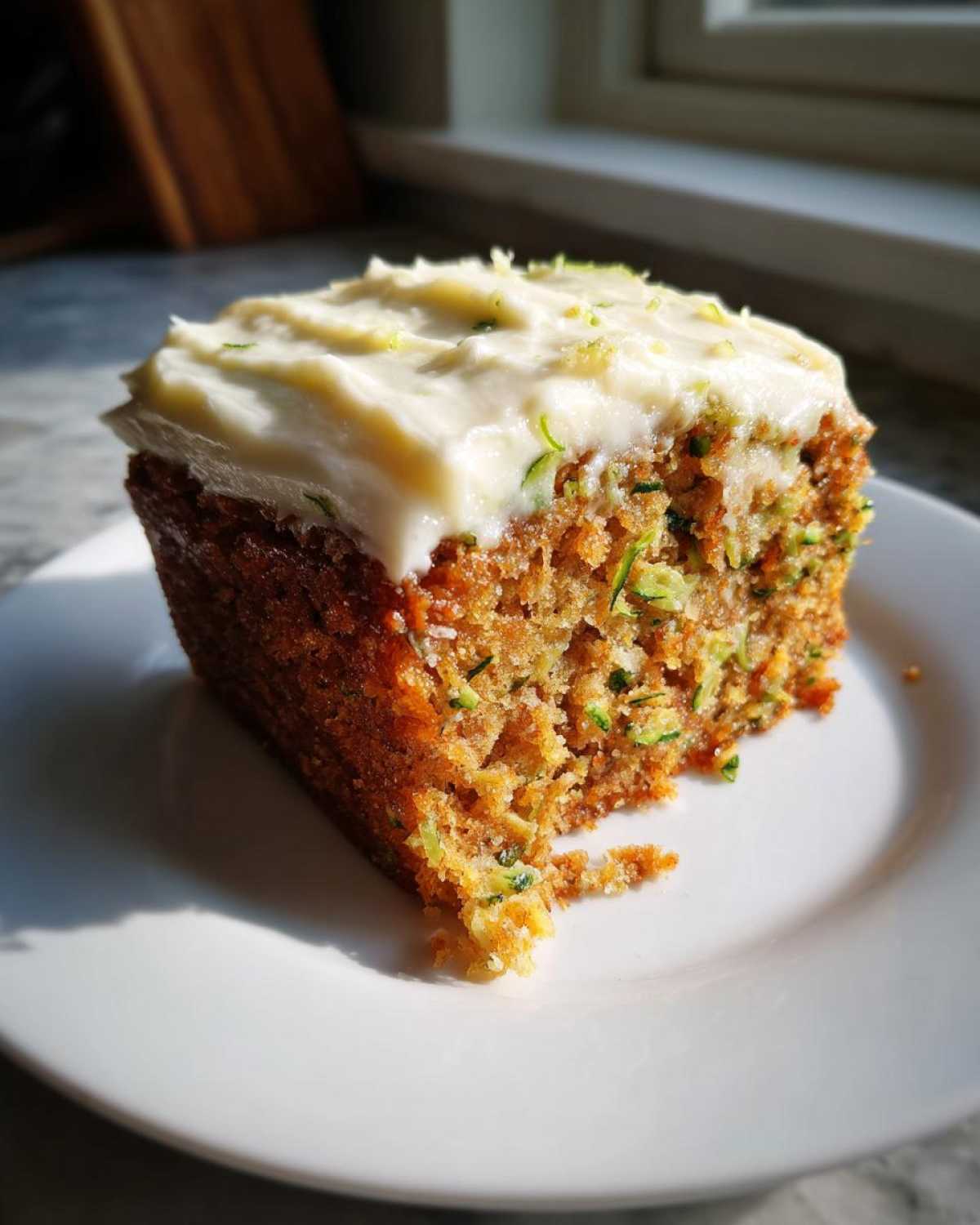 A close-up of a slice of moist zucchini cake on a white plate, topped with thick cream cheese frosting and green zest.