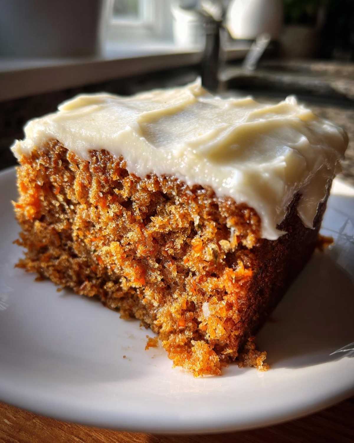 A close-up of a slice of moist zucchini cake topped with creamy white frosting on a white plate.