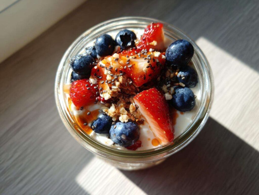 Close-up of a glass jar filled with overnight oats, topped with fresh strawberries, blueberries, chia seeds, and a drizzle of syrup.