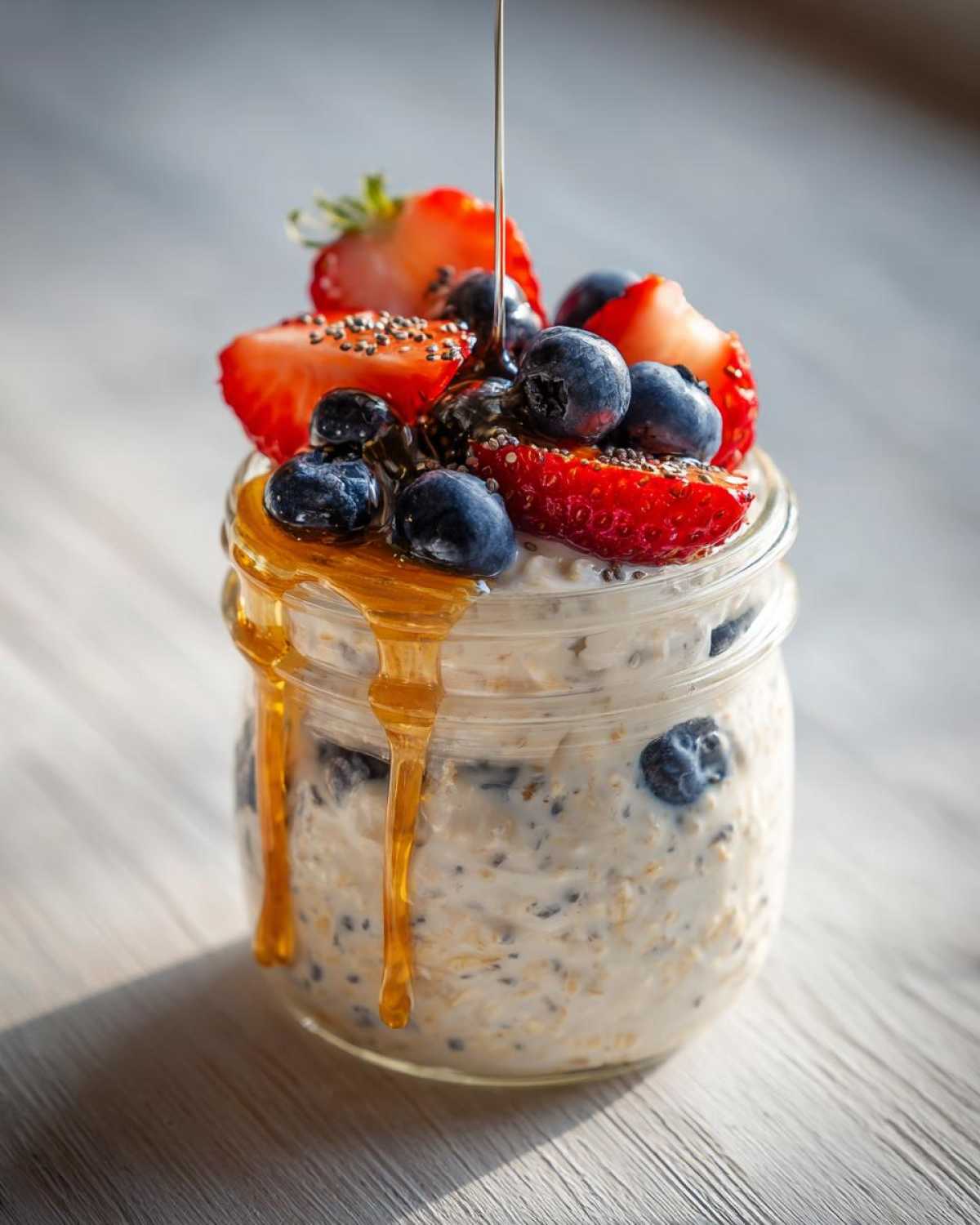 Close-up of overnight oats in a glass jar, topped with fresh strawberries, blueberries, and a drizzle of honey.