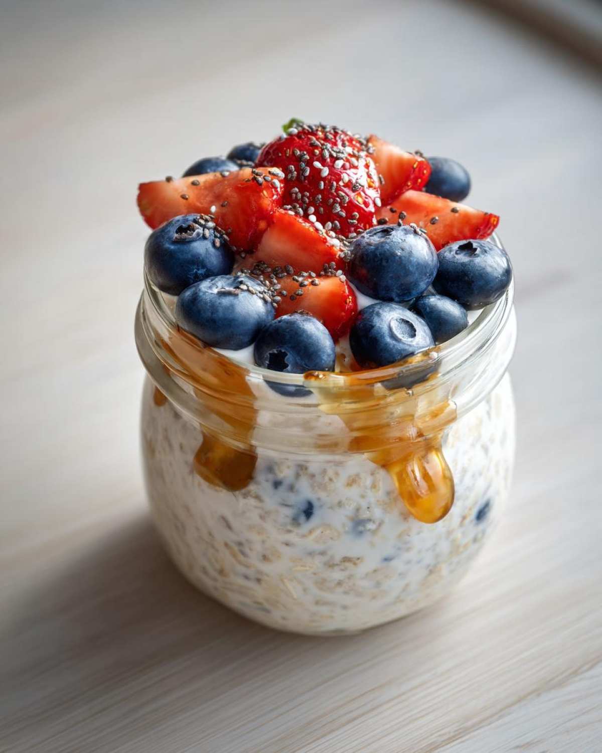 Close-up of a glass jar filled with overnight oats, topped with fresh blueberries, sliced strawberries, chia seeds, and honey drizzle.