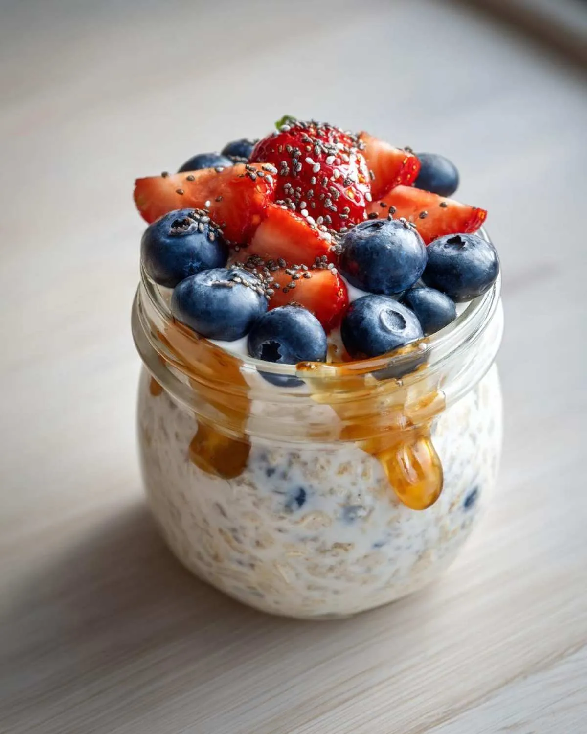 Close-up of a glass jar filled with overnight oats, topped with fresh blueberries, sliced strawberries, chia seeds, and honey drizzle.