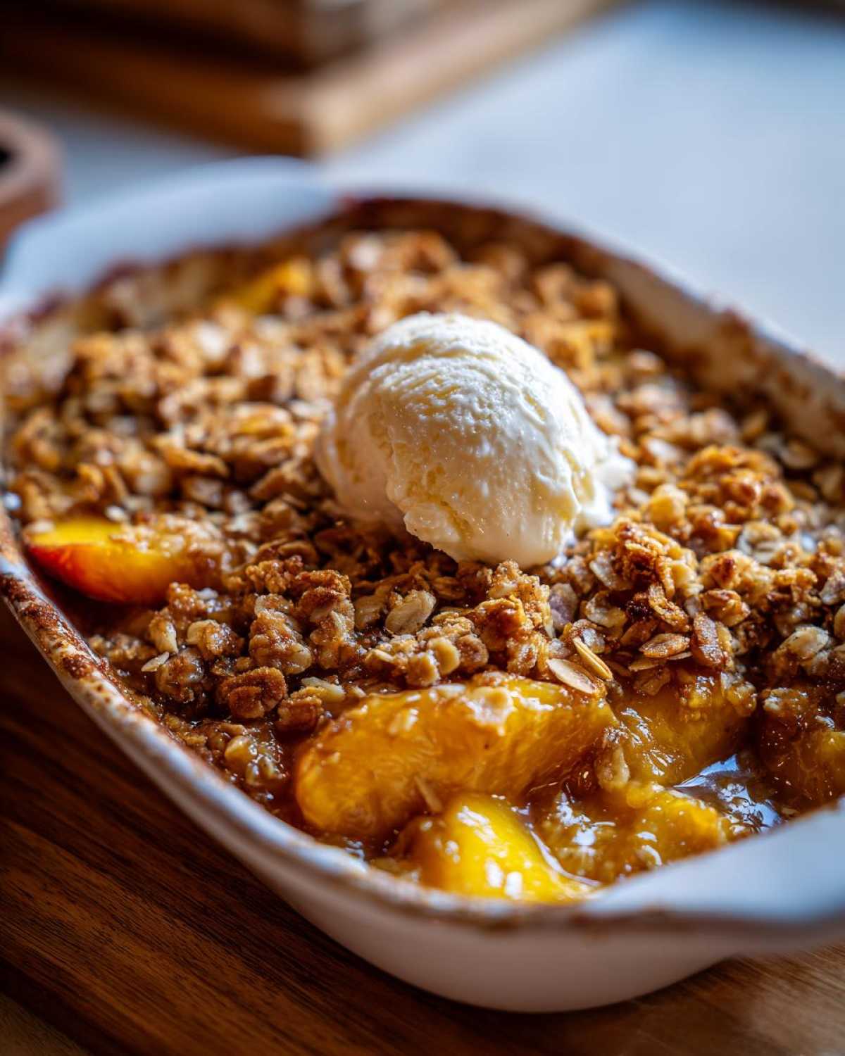 Close-up of a golden-brown peach crisp in a white baking dish, topped with a scoop of melting vanilla ice cream.