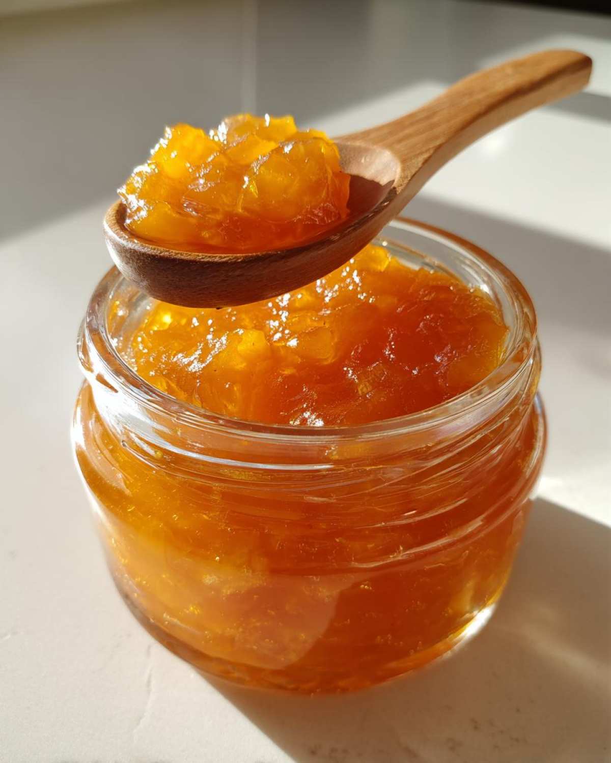 A wooden spoon holds a scoop of bright orange peach jam over a glass jar filled with more peach jam.