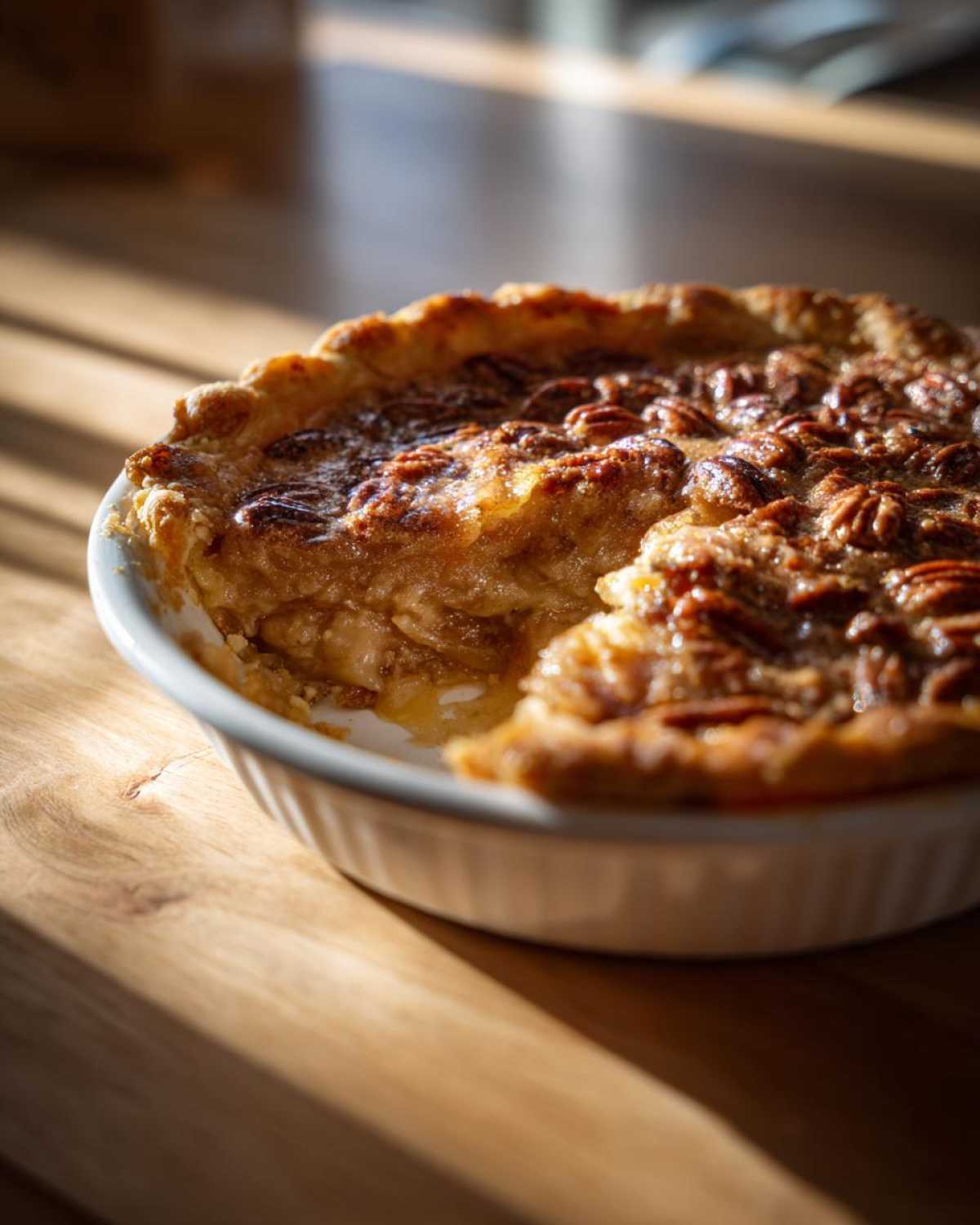 A close-up of a freshly baked pecan pie cobbler in a white baking dish, with a slice removed showing the gooey filling.