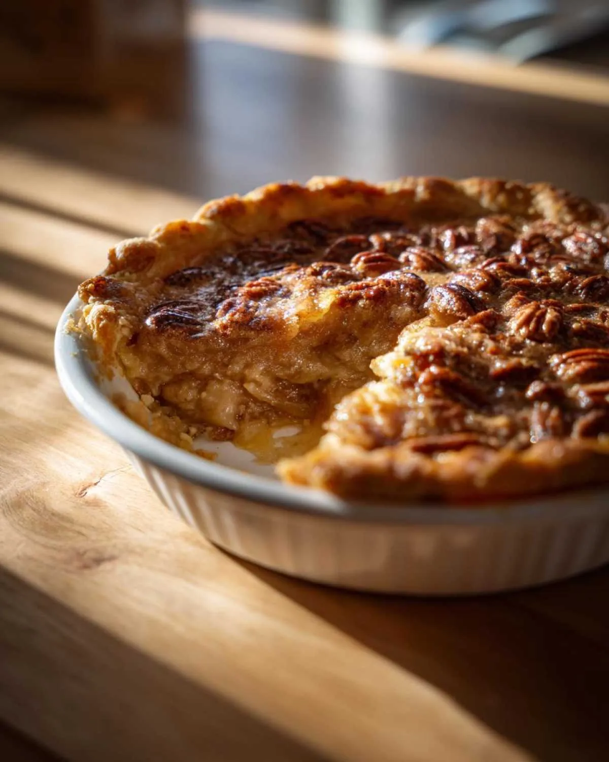 A close-up of a freshly baked pecan pie cobbler in a white baking dish, with a slice removed showing the gooey filling.