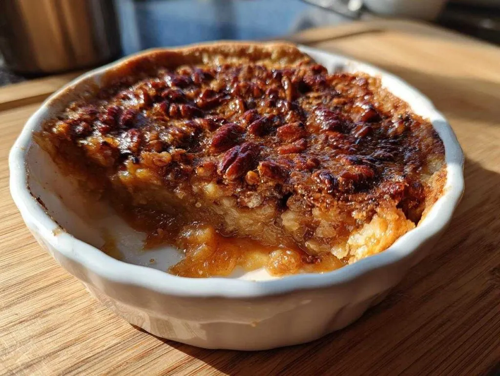 Close-up of a golden-brown pecan pie cobbler in a white ramekin, showing the gooey filling and crunchy pecan topping.