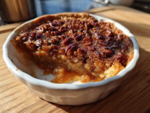 Close-up of a golden-brown pecan pie cobbler in a white ramekin, showing the gooey filling and crunchy pecan topping.