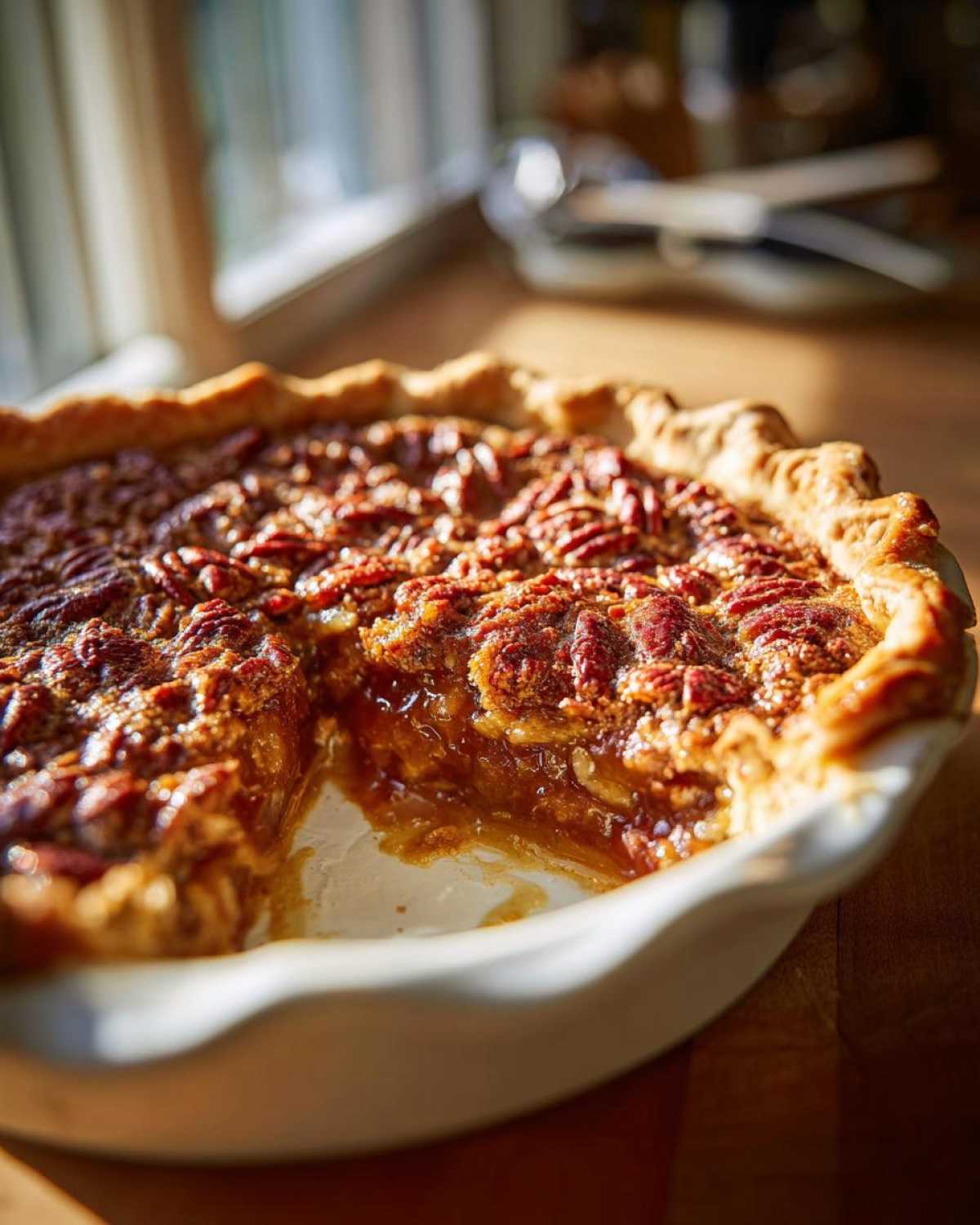 A close-up shot of a whole pecan pie cobbler in a white pie dish, with a slice removed showing the gooey filling.